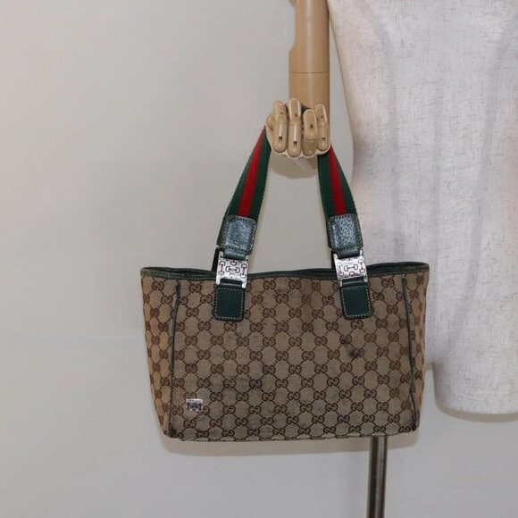 GUCCI GG Canvas Web Sherry Line Tote Bag Beige Green Red Auth - Picture 14 of 16